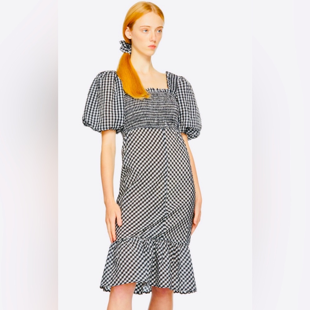GANNI Black & White Peasant Boho Seersucker MIDI Dress Puff Sleeve